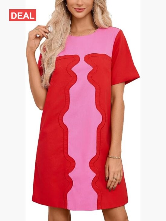Dresses & Skirts - Color Block Shift Dress Cotton Linen Short Sleeve Embroidered Mini Dress with